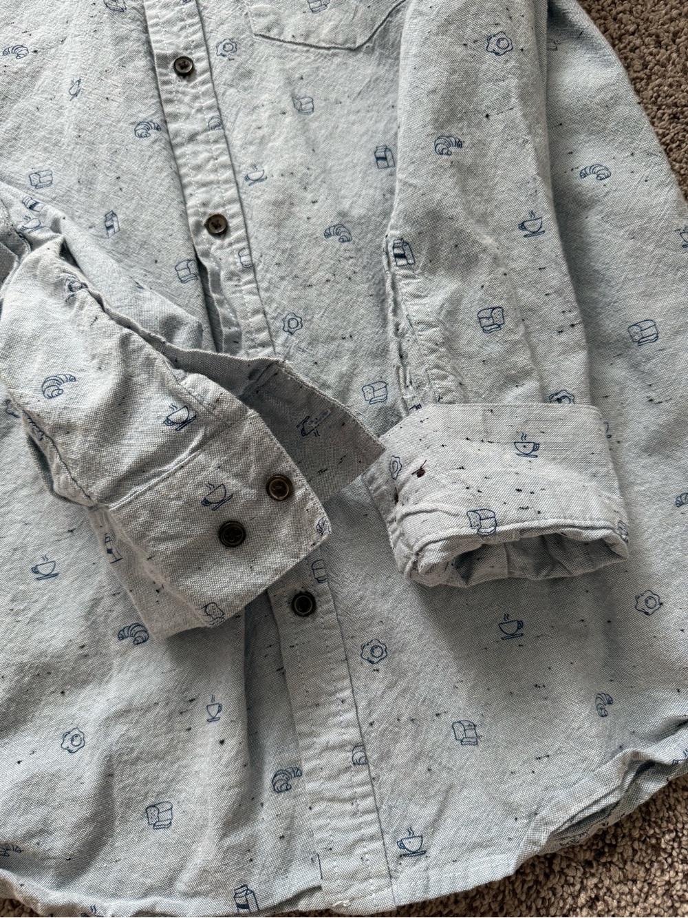 Boy’s Urban Youth Light Blue Grey Breakfast Print Button-Up Long Sleeve Shirt - Picture 6 of 8